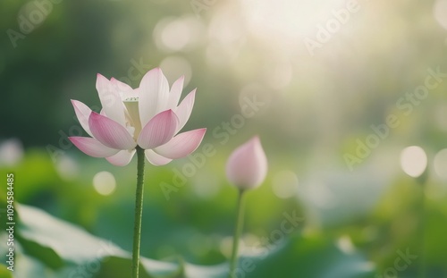 Beautiful blooming lotus flowers in a serene garden setting during daylight h...