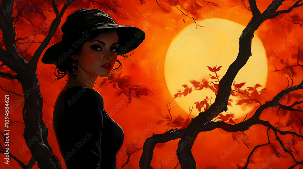 Woman in Black Hat, Orange Sunset, Illustration Woman in Black Hat, Orange Sunset, Illustration