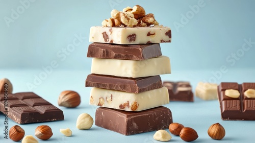Stacked chocolate bars with nuts arranged on a teal background during a brigh...