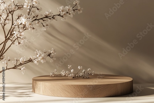 Delicate floral arrangement with round wooden platform and soft shadows in a ...