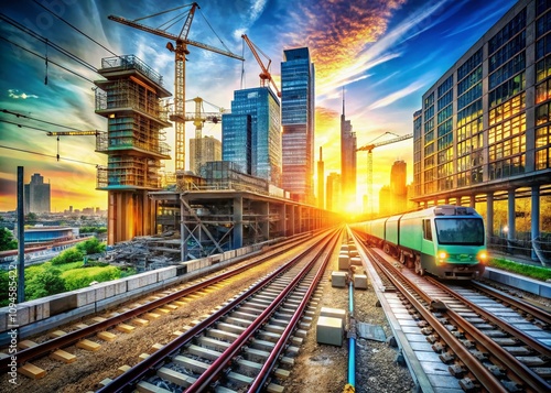 Double Exposure of a Construction Site with Rail Track and Digital Overlay Showcasing the Fusion of Modern Technology and Traditional Construction Techniques