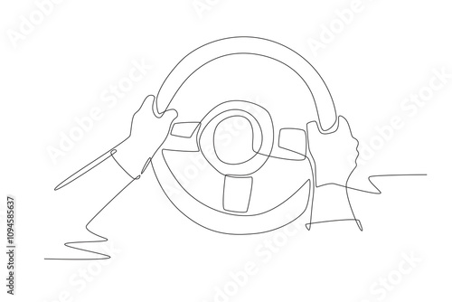 Hands gripping the steering wheel. Driving concept one-line drawing