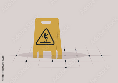 Bright yellow caution sign stands on shiny wet floor tiles, indicating slippery conditions, Attention drawn to safety in a bustling location as the sun casts soft shadows