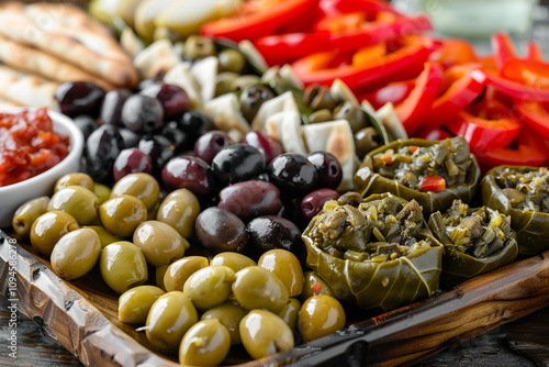 A platter of Mediterranean appetizers, including stuffed grape leaves, olives, and roasted red peppers, served with pita bread.