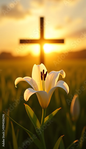 Beautiful lily flower with Easter cross at sunset in grassy field for spiritual reflection concept