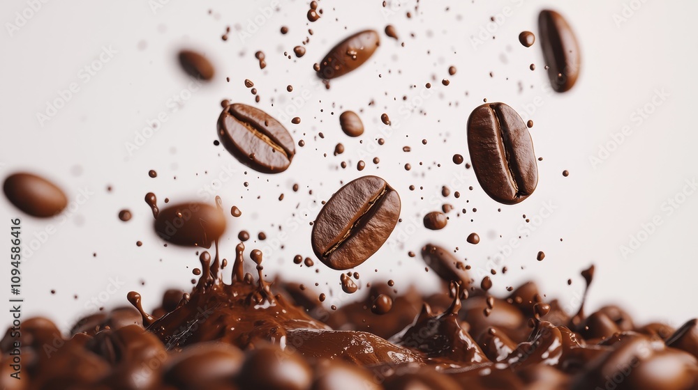 Roasted Coffee Beans Splashing in Rich Brown Liquid Roasted Coffee Beans Splashing in Rich Brown Liquid