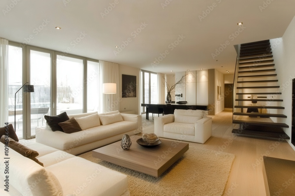 Fototapeta premium Modern living room with minimalist design, featuring light colors and elegant furnishings.