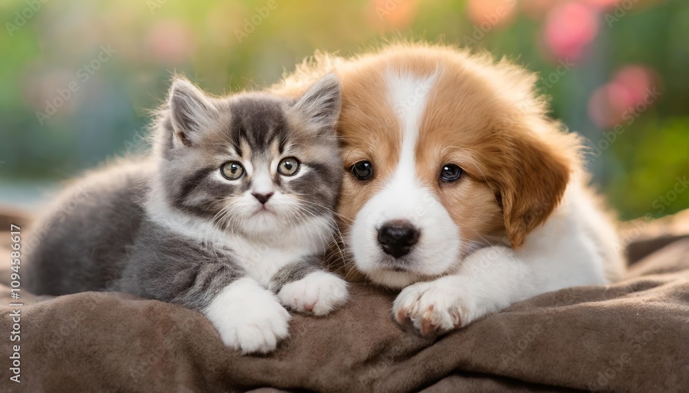 Adorable puppy and kitten lying together in a loving embrace, showcasing an irresistibly heartwarming bond that highlights the charm, innocence, and unbreakable friendship between animals Adorable puppy and kitten lying together in a loving embrace, showcasing an irresistibly heartwarming bond that highlights the charm, innocence, and unbreakable friendship between animals