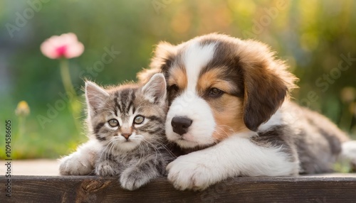 Adorable puppy and kitten lying together in a loving embrace, showcasing their heartwarming bond and tender companionship in a cozy setting perfect for animal lovers and pet enthusiasts.