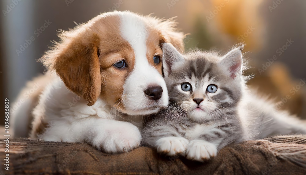 Adorable puppy and kitten lying together in a loving embrace, showcasing the ultimate display of companionship, warmth, and cuteness that highlights the purest form of interspecies love and Adorable puppy and kitten lying together in a loving embrace, showcasing the ultimate display of companionship, warmth, and cuteness that highlights the purest form of interspecies love and