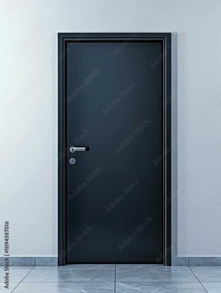 A dark gray interior door with a silver handle is set against a light gray wall and marble floor. A dark gray interior door with a silver handle is set against a light gray wall and marble floor.