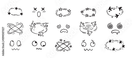 Dizzy effect drawing hand drawn doodle cartoon set. dizzy faces, birds and stars overhead emotions drawing.