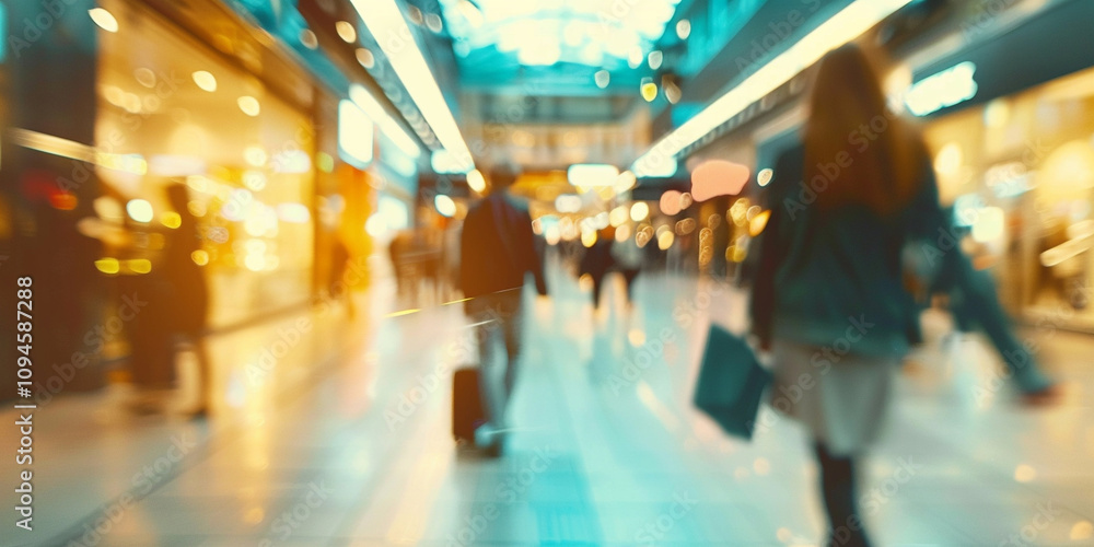 Fototapeta premium Blurry Scene of People Walking Through a Busy Mall with Soft Focus 