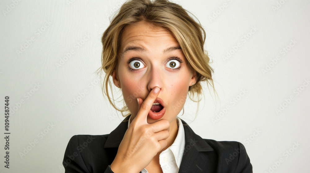 Surprised young blonde woman in a black suit pointing at her nose with wide-eyed shock. A close-up portrait ideal for business or expressive themes Surprised young blonde woman in a black suit pointing at her nose with wide-eyed shock. A close-up portrait ideal for business or expressive themes