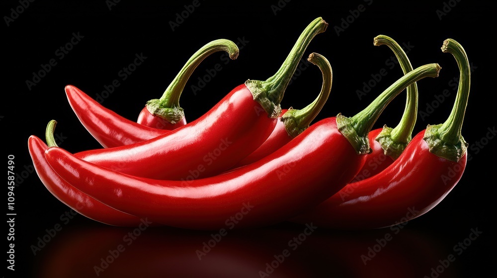 Five vibrant red chili peppers on black background. Five vibrant red chili peppers on black background.