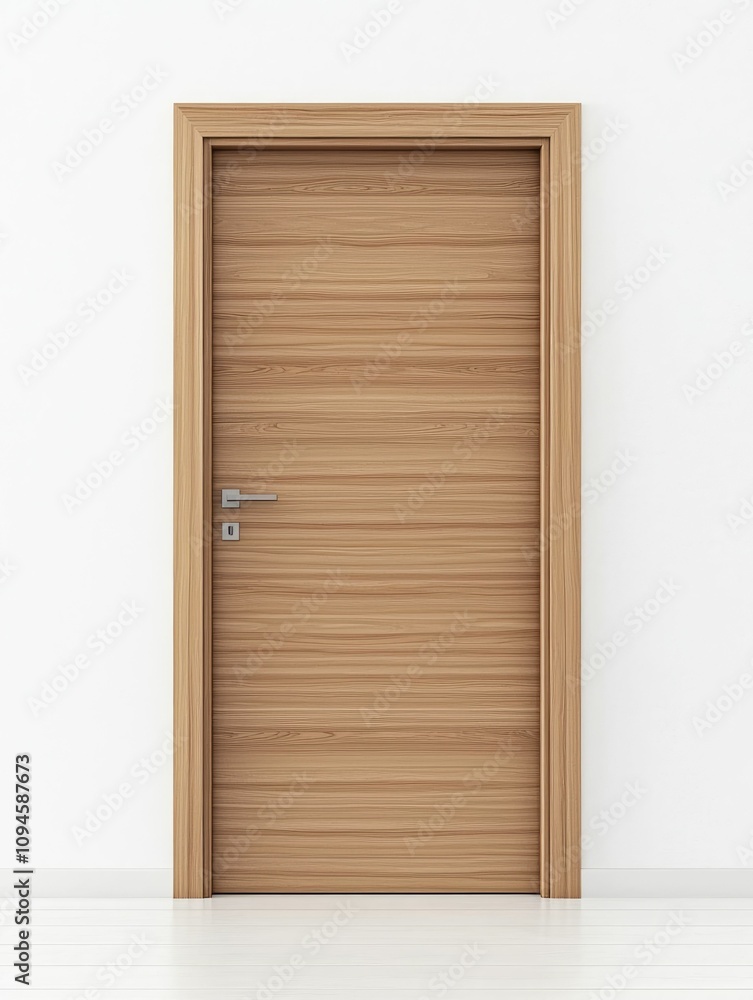 Modern light wood interior door with silver handle against a white wall. Modern light wood interior door with silver handle against a white wall.