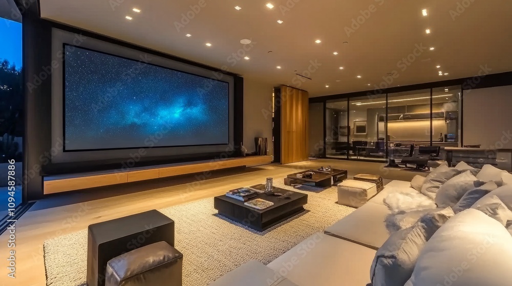 Fototapeta premium A spacious living room home theater with a mounted TV showing a serene night sky and chic modern furniture.