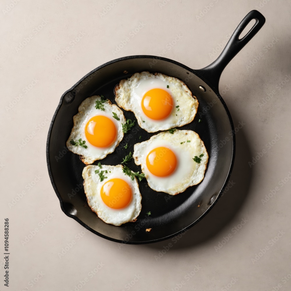 Overhead shot of four sunny-side up eggs cooking in a black pan Overhead shot of four sunny-side up eggs cooking in a black pan