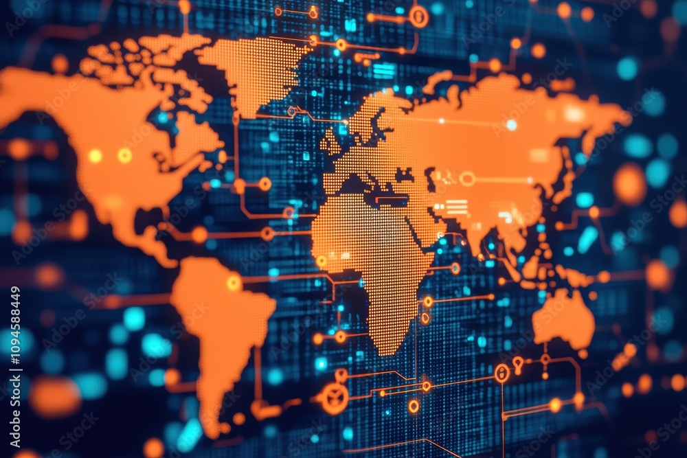 Obraz premium Global Network Digital World Map Circuit Board Technology Connectivity Data Orange