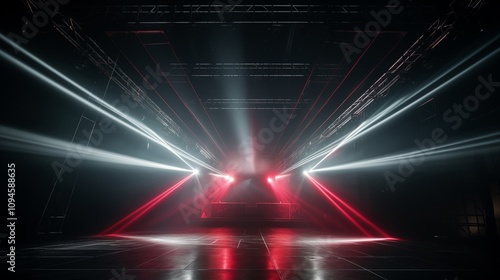 laser beams creating a visual effect on a darkened stage, empty space in the center, Studio lighting setup,generative ai illustration