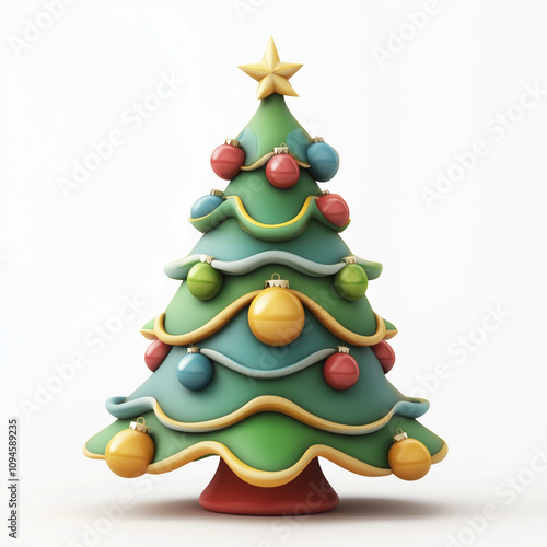 Christmas tree on a white background with colorful ornaments and a star on top, 3D style