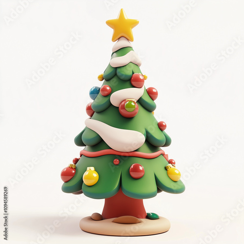 Christmas tree on a white background with colorful ornaments and a star on top, 3D style