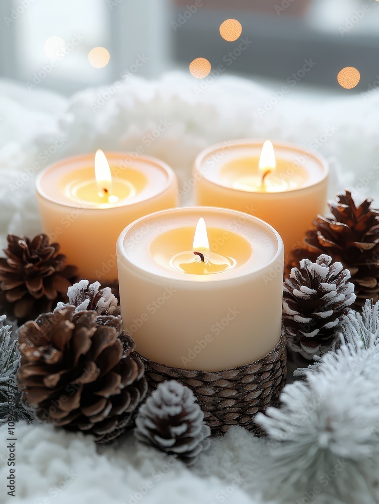Trio of lit candles surrounded by pinecones, cozy winter ambiance, on white Trio of lit candles surrounded by pinecones, cozy winter ambiance, on white