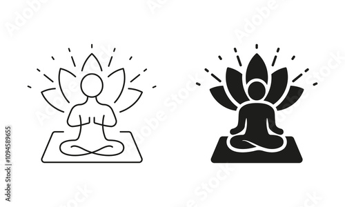 Meditate Relaxation Asana Exercise Icon. Yoga Person in Pose Lotus Line and Silhouette Icon Set. Zen Wellness. Editable Stroke. Isolated Vector Illustration