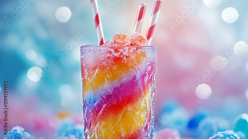 Colorful slushy cocktail drink with striped ice layers in a glass with candy and straws