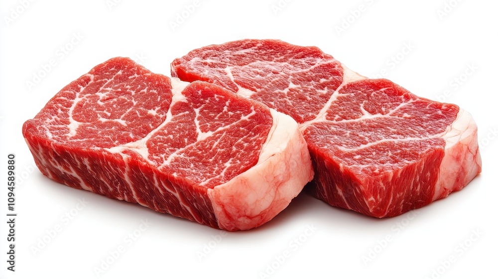 Fresh cuts of marbled beef, showcasing rich red color and fatty interlacing, ideal for grilling or roasting. Fresh cuts of marbled beef, showcasing rich red color and fatty interlacing, ideal for grilling or roasting.
