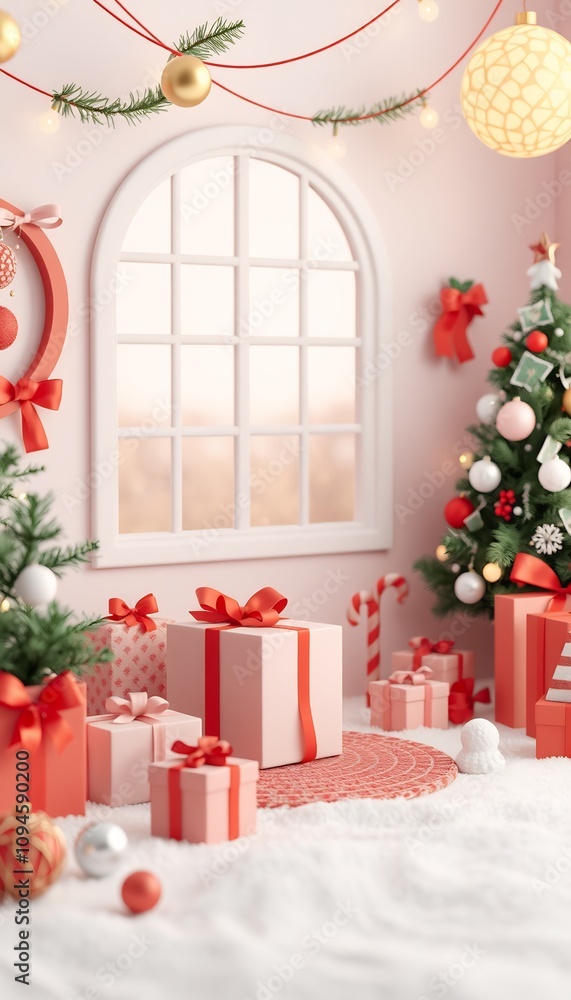 Festive Christmas gifts in a room with a white window and a decorated tree. Festive Christmas gifts in a room with a white window and a decorated tree.
