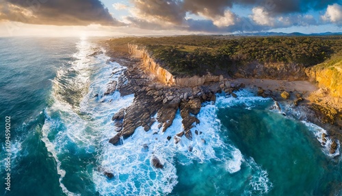 A breathtaking aerial view of the oceanâ€™s rugged rocky shore, capturing the interplay of jagged cliffs, serene blue waters, and vibrant coastal ecosystems in stunning detail under natural photo