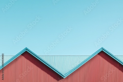 Colorful Building Facade Teal Roof Red Walls Minimalist Architecture Geometric Design