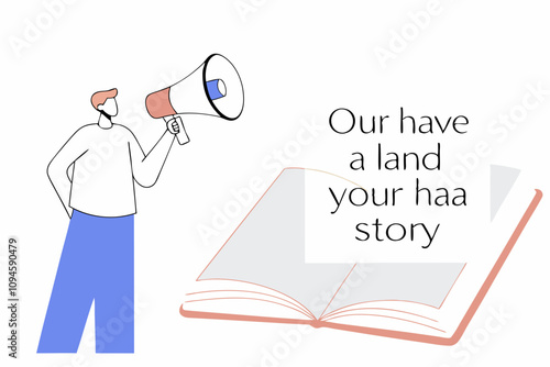 Storytelling communicate brand story or idea to listener, narrative message, content or article writing or advertising creativity concept, young man on opening book telling story on megaphone
