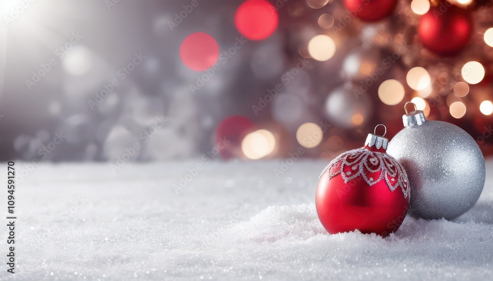 Festive Christmas Ornament, Ball, Baubles On Snow With Bokeh Background Festive Christmas Ornament, Ball, Baubles On Snow With Bokeh Background