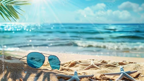 Sunny Beach Scene with Sunglasses. A sunny beach scene with sunglasses and a starfish on the sand, perfect for vacation themes, summer promotions, and nature designs.