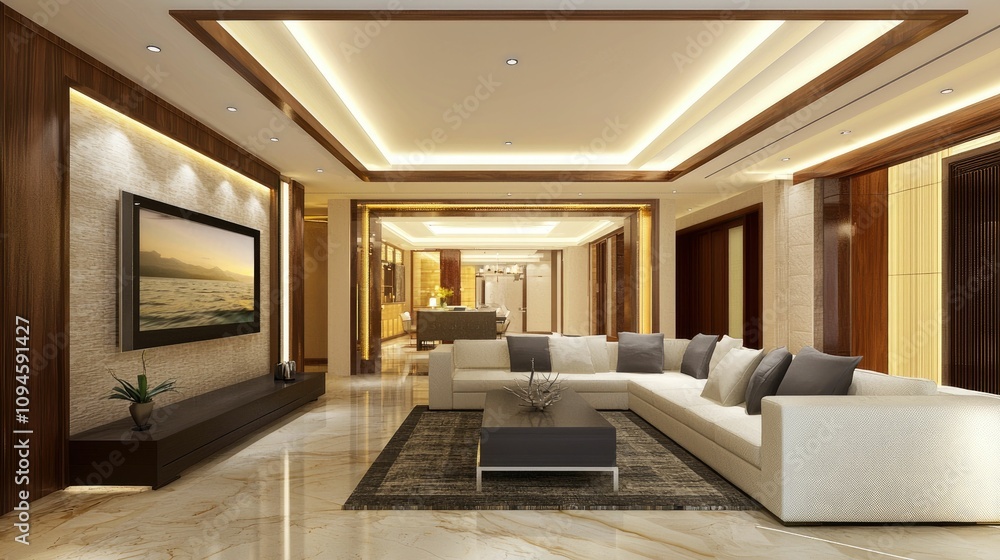 Fototapeta premium Luxurious modern living room interior design with L-shaped sofa, large TV, and marble flooring.