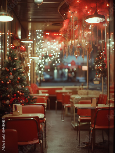 1980s interior view of a christmas decorated bistro in Minnesota city centre, 80s style hair and clothes, opulant, luxury, photo