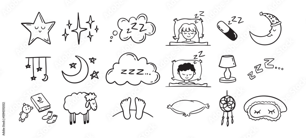 Hand drawn doodle Set of Sleep Related. Sleeping drawing icons Hand drawn doodle Set of Sleep Related. Sleeping drawing icons