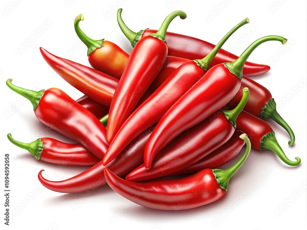 A lively collection of red hot chili peppers in vector format, isolated on a white background, ideal for culinary projects and creative design purposes. A lively collection of red hot chili peppers in vector format, isolated on a white background, ideal for culinary projects and creative design purposes.