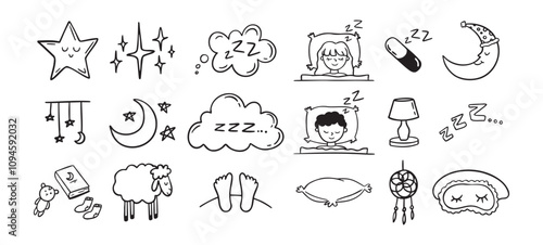 Hand drawn doodle Set of Sleep Related. Sleeping drawing icons