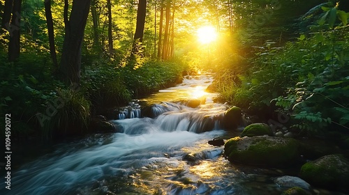 Golden Hour Waterfall Flowing Through a Lush Forest. AI Generated