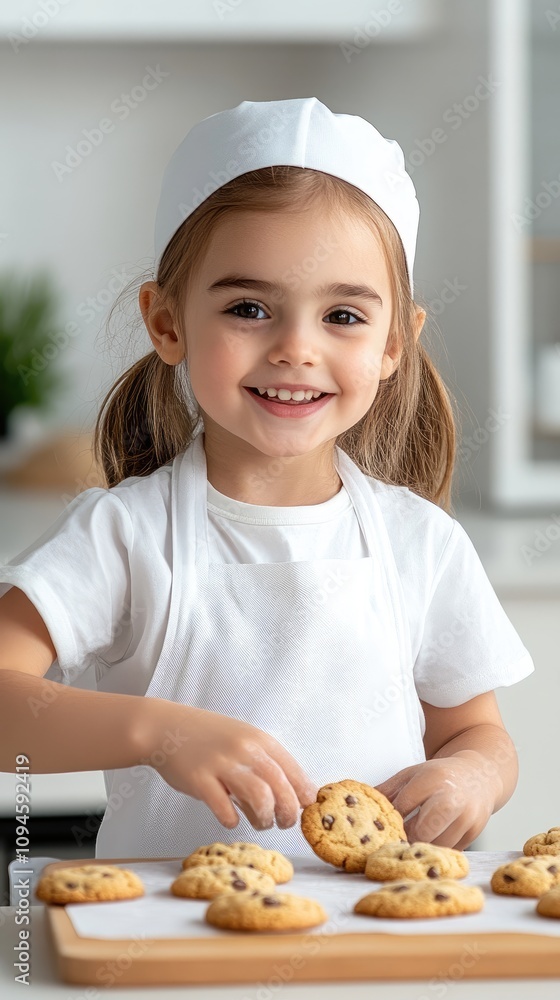 Smiling Young Girl in Chef Hat and Apron Baking Chocolate Chip Cookies in a Bright Modern Kitchen Setting Smiling Young Girl in Chef Hat and Apron Baking Chocolate Chip Cookies in a Bright Modern Kitchen Setting