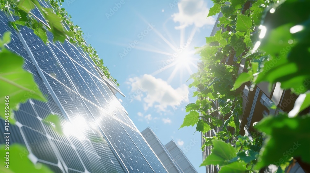 Fototapeta premium Green building with solar panels generating clean energy.