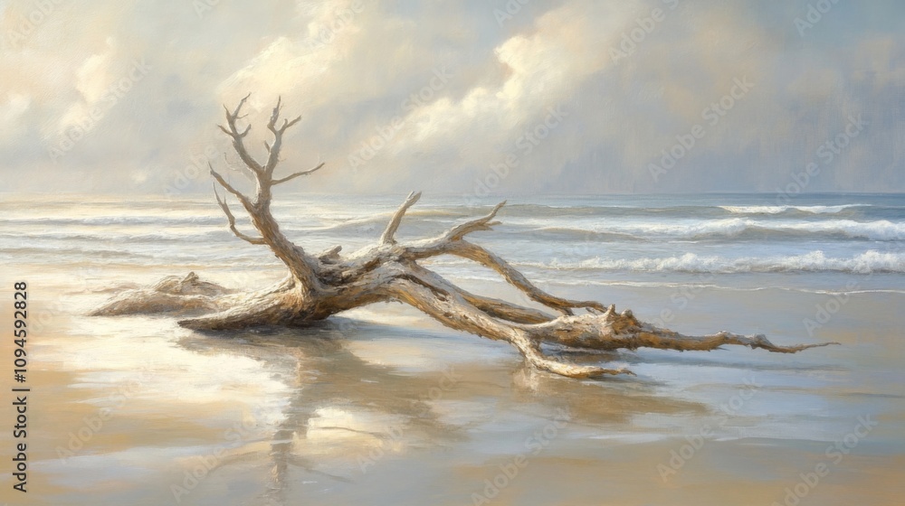 A Driftwood Tree Branch on a Sandy Beach, Waves and Sky in the Background