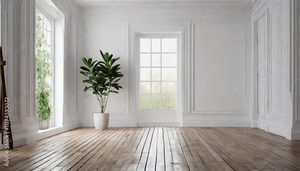 Serene empty white room featuring a sleek wooden floor and a single vibrant potted plant, combining minimalist interior design aesthetics with a calming natural element in a spacious Serene empty white room featuring a sleek wooden floor and a single vibrant potted plant, combining minimalist interior design aesthetics with a calming natural element in a spacious