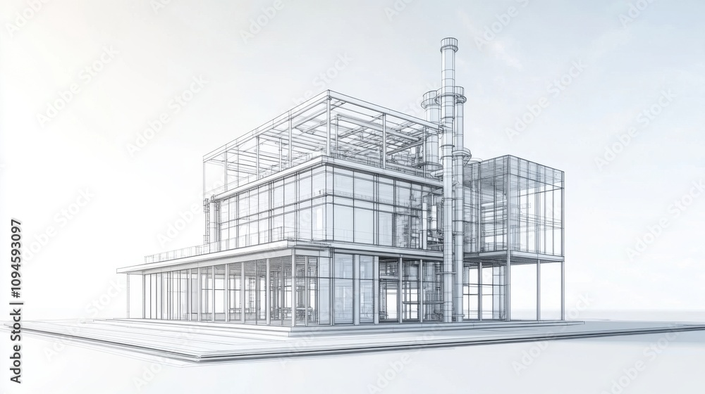Modern industrial building wireframe rendering showing futuristic architecture. Modern industrial building wireframe rendering showing futuristic architecture.