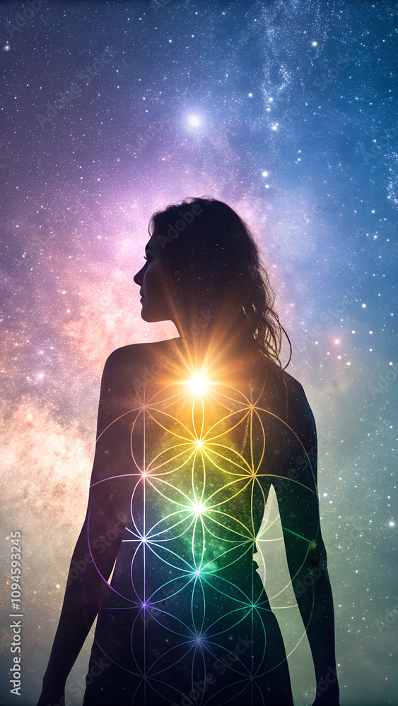 Woman Silhouette with Radiating Chakras and Starry Sky Woman Silhouette with Radiating Chakras and Starry Sky