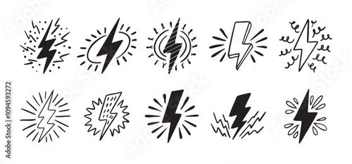 Hand drawn doodle electric lightning symbol sketch set. sparkling emblem. thunder single icons