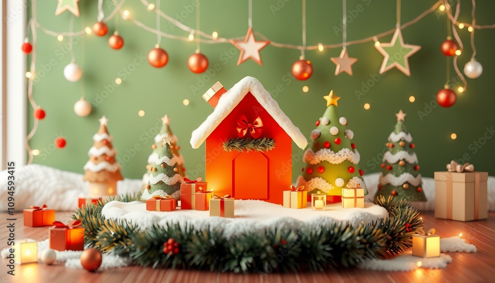 A red toy house surrounded by decorated Christmas trees, presents, and lit candles on a snowy surface. A red toy house surrounded by decorated Christmas trees, presents, and lit candles on a snowy surface.